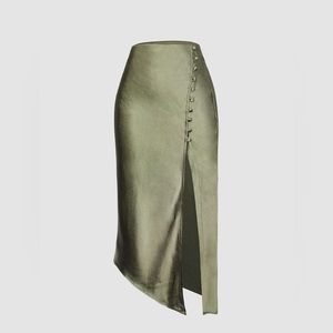 Asymmetric Hem Slit Button Deco Skirt-Olive